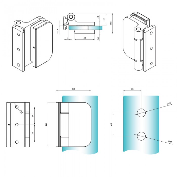 Dynamik Door Hinge - Anodised - Round Corners