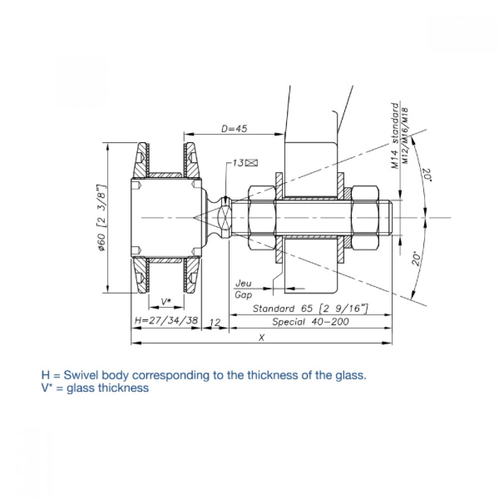 60mm Dia. Flat Head Articulated Bolt For 8 - 15mm Thick Glas