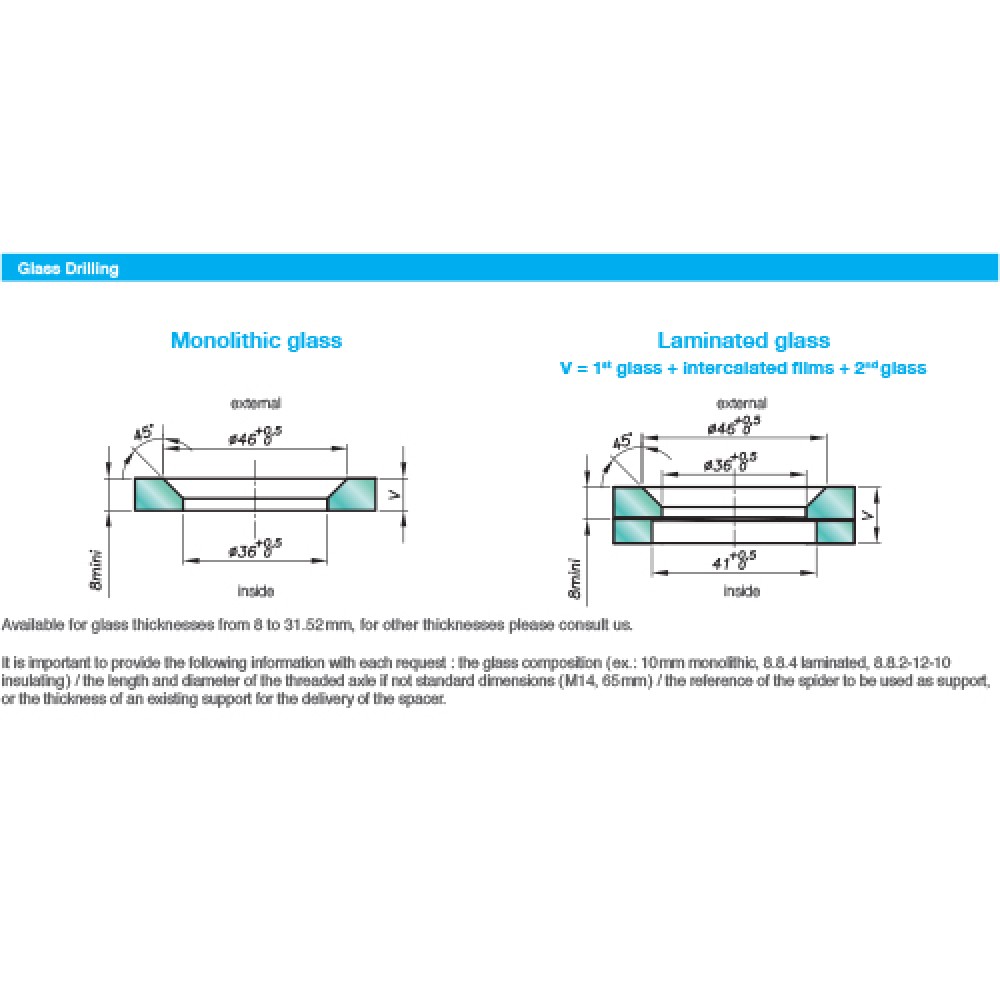 Countersunk Fixed Bolt For 15 - 22mm Thick Glass