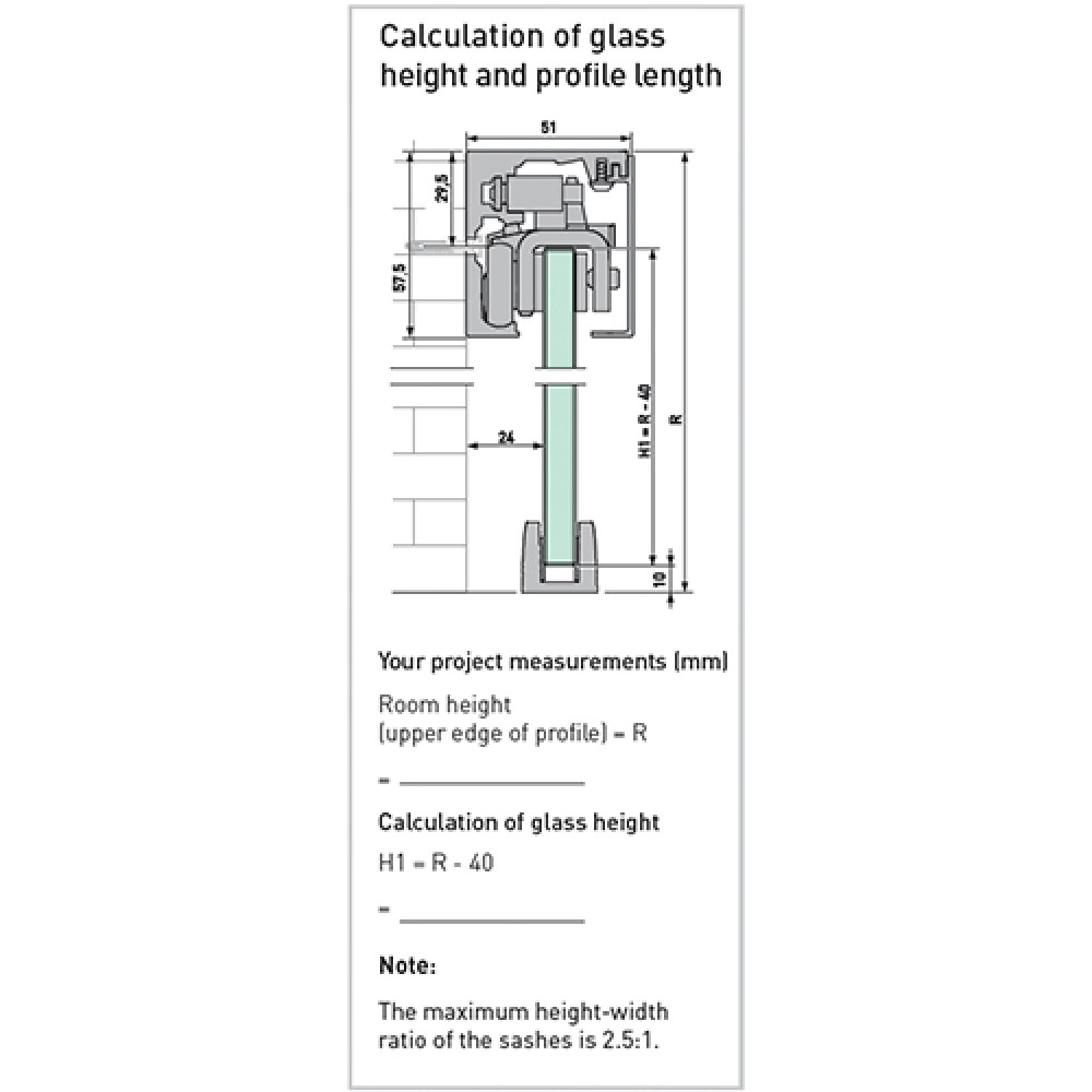 Portavant 60 Single Sash Kit - Wall Mount - 2496mm - SS